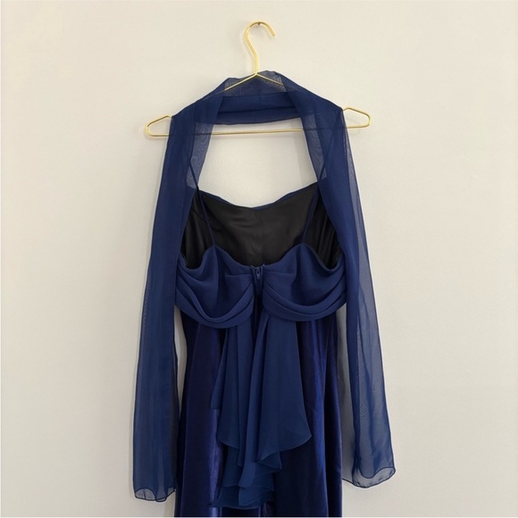 Blue Satin Maxi Dress With Scarf Sz XL Cobalt / Navy Vtg Y2K - Picture 5 of 6